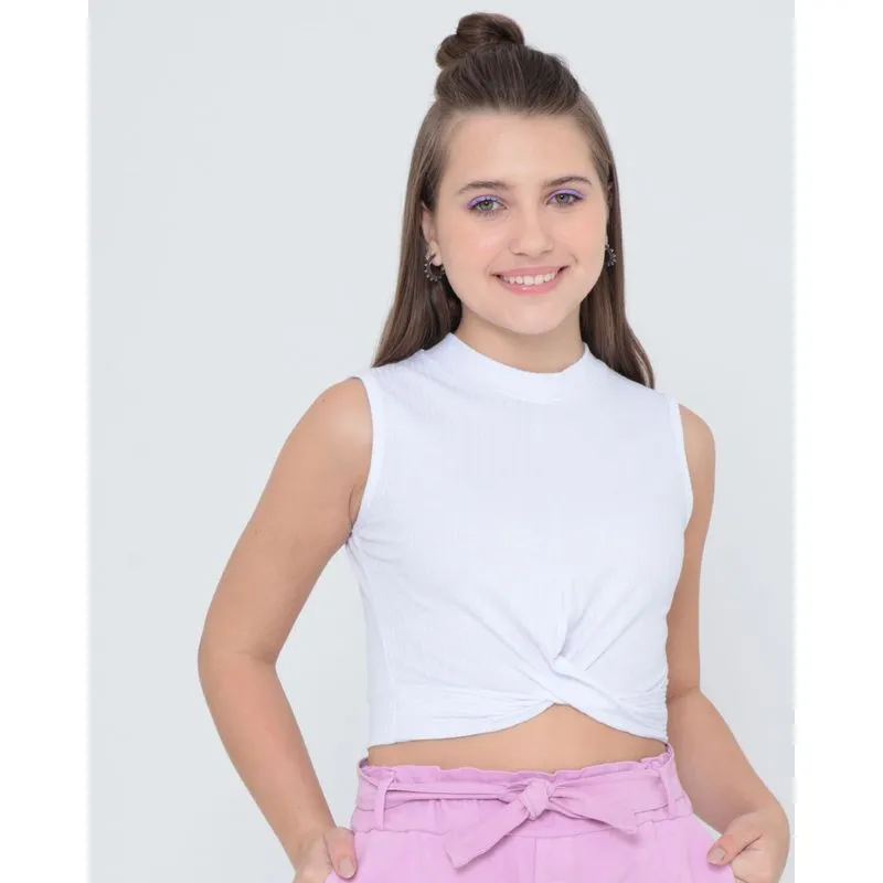 Blusa Cropped Juvenil Canelada Com Nó Torcido Branca 10