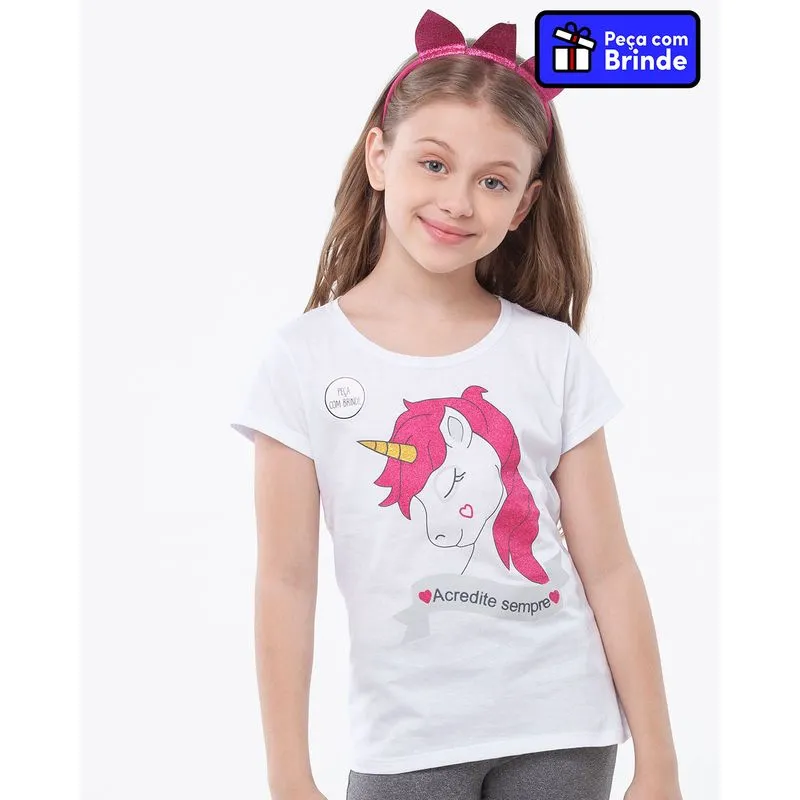 Blusa Infantil Com Brinde De Tiara Unicórnio Glitter Branca 10