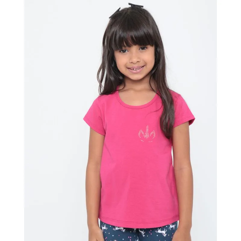 Blusa Infantil Básica Unicórnio Strass Rosa Pink 10