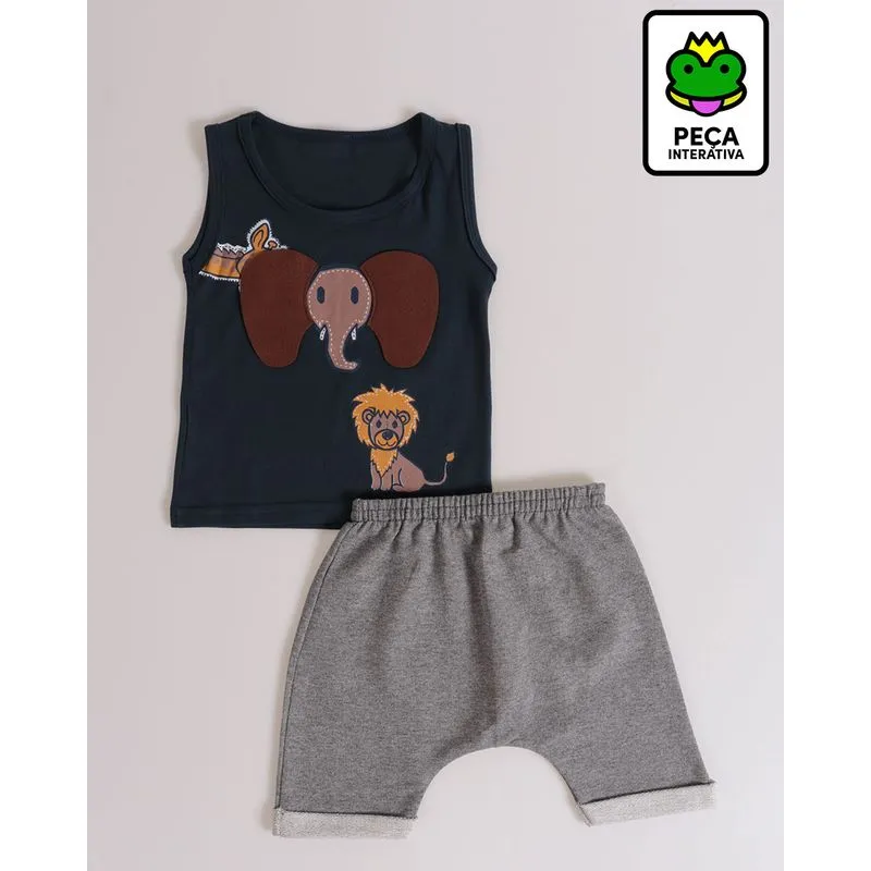 Conjunto Bebê Regata Estampa Interativa Animais Azul M