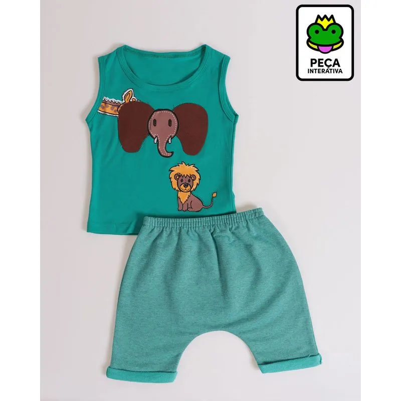 Conjunto Bebê Regata Estampa Interativa Animais Verde G
