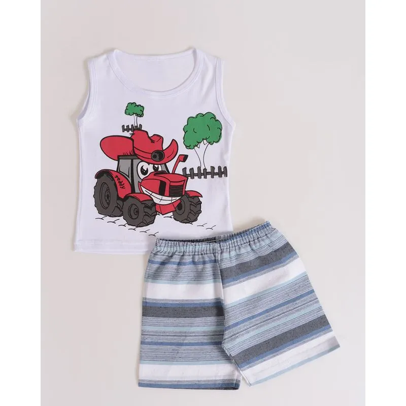 Conjunto Bebê Regata Estampa Trator Fazendeiro Branco M
