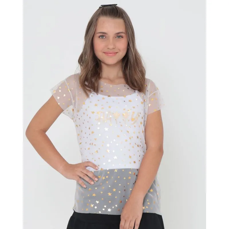 Blusa Juvenil Sobreposição Tule Estrelas Branca 10