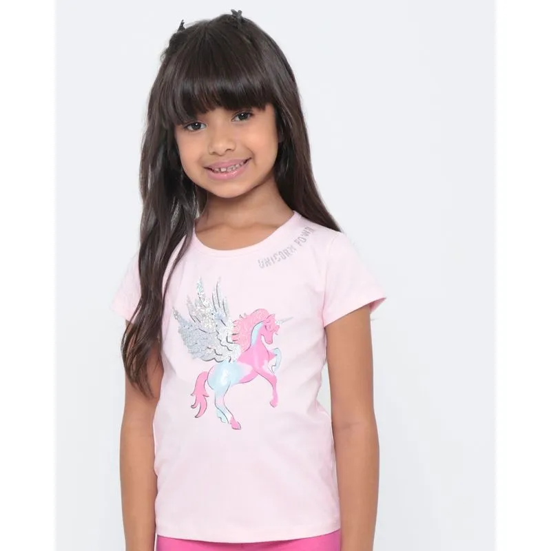 Blusa Infantil Manga Curta Estampa Unicórnio Paetê Rosa 4