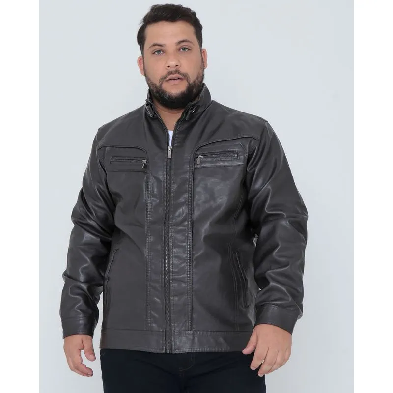 Jaqueta Masculina Plus Size Biker Bolsos Marrom G3