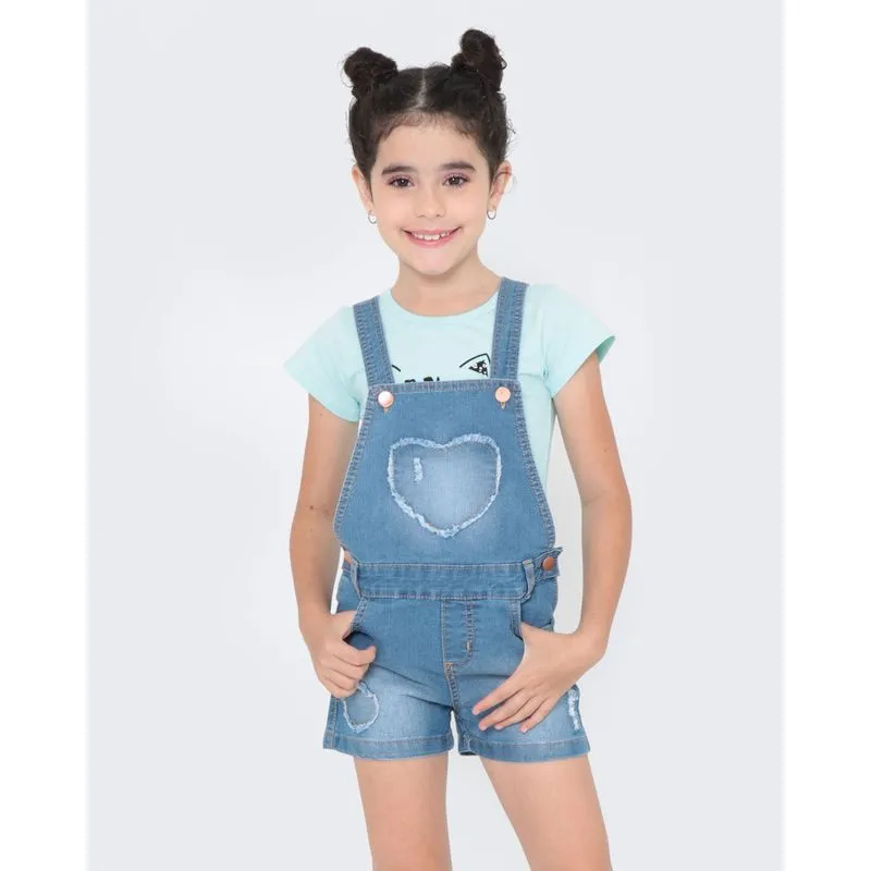Jardineira Infantil Jeans Coração Azul 4