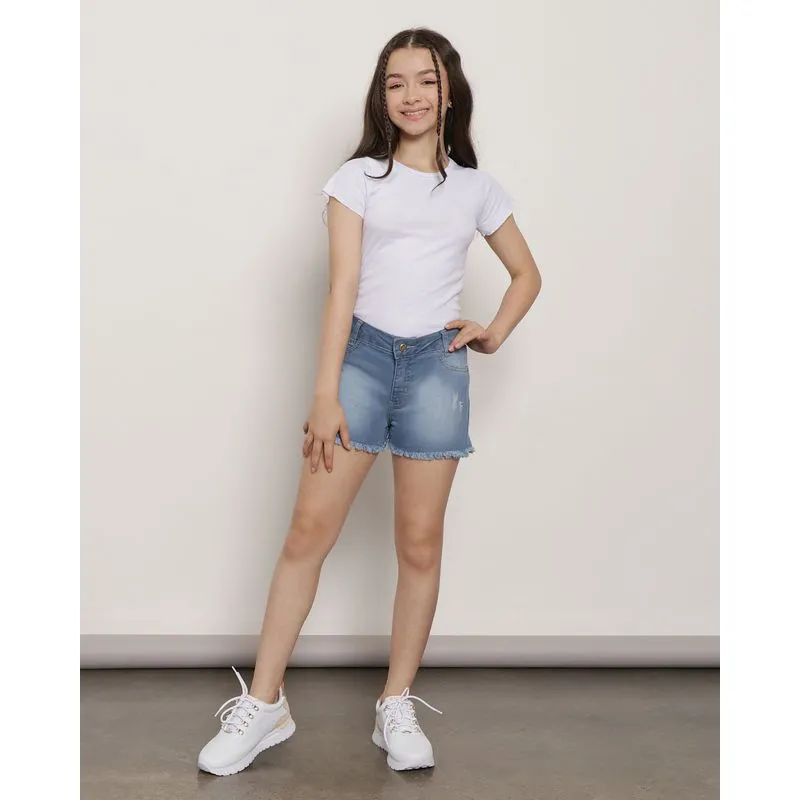 Short Jeans Juvenil Barra Desfiada Com Puídos Azul 12