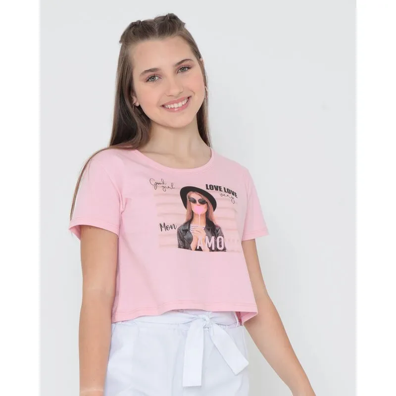 Blusa Juvenil Cropped Estampa Frontal Rosa 16