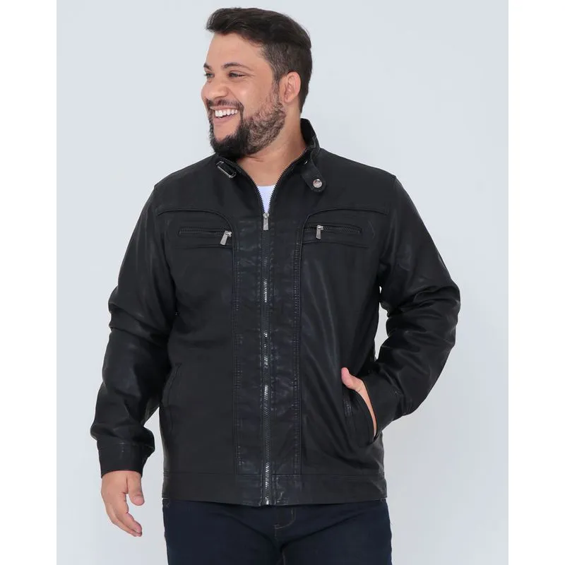Jaqueta Masculina Plus Size Biker Bolsos Preta G4