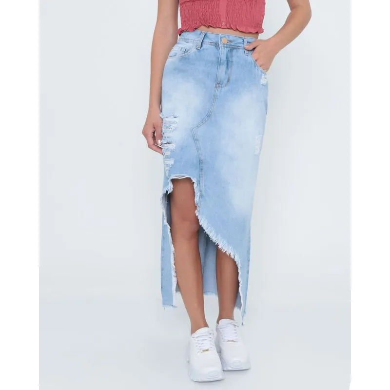Saia Jeans Longa Destroyed Azul Claro 44
