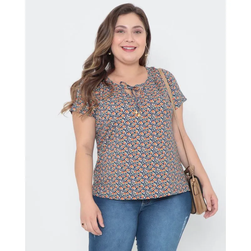 Blusa Plus Size Decote Gota Floral Azul Marinho G3