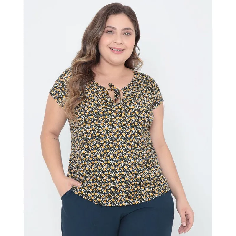 Blusa Plus Size Estampa Floral Preta G1
