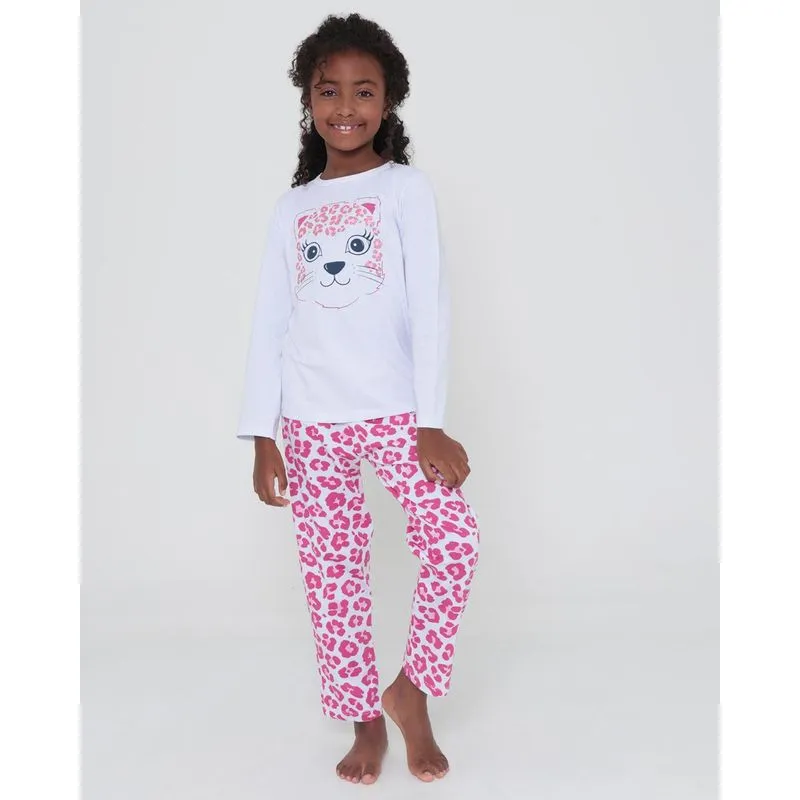 Pijama Infantil Longo Onça Com Brilho Branco 6