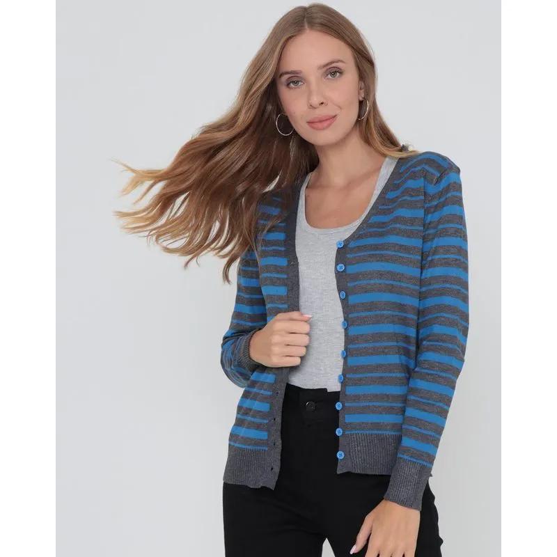 Cardigan Feminino Tricô Listrado Azul G