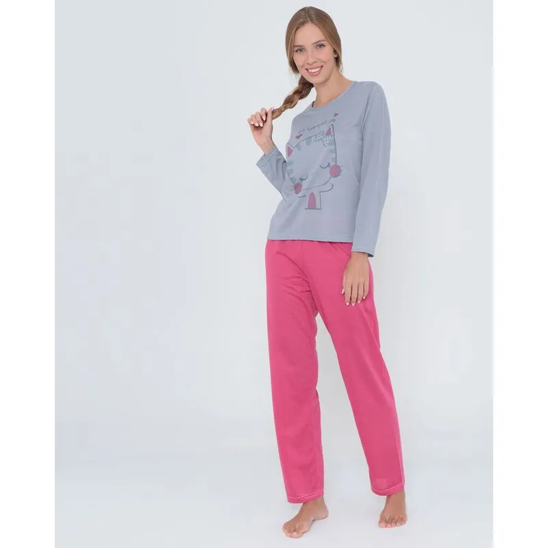 Pijama Feminino Manga Longa Estampa Gato Cinza M