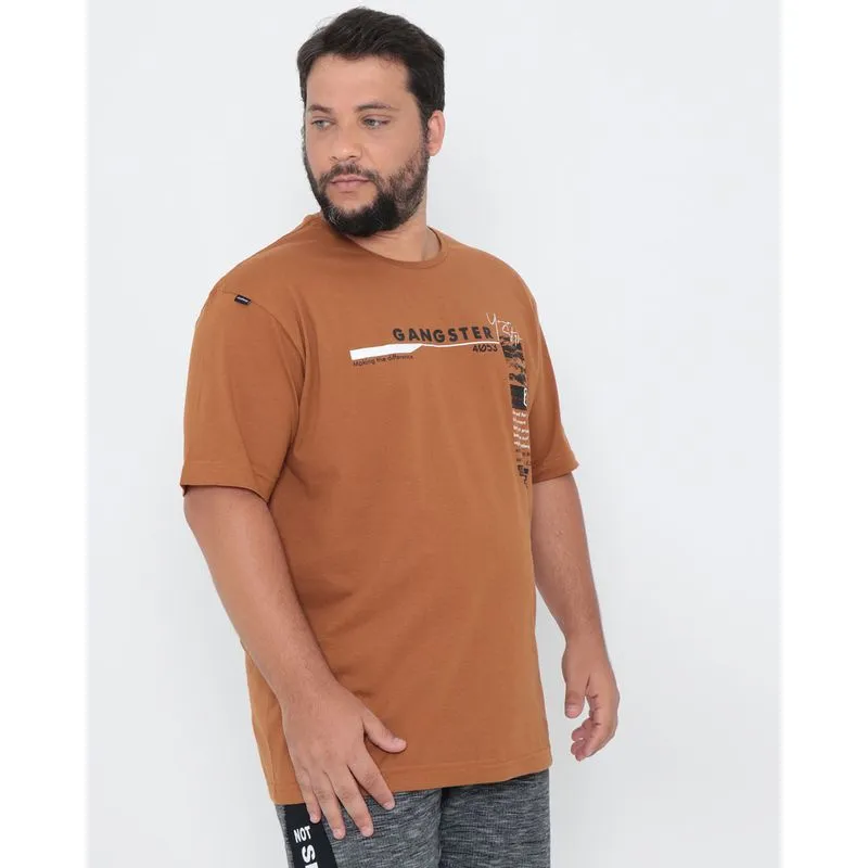 Camiseta Manga Curta Plus Size Gangster Estampa Bege Escuro G2