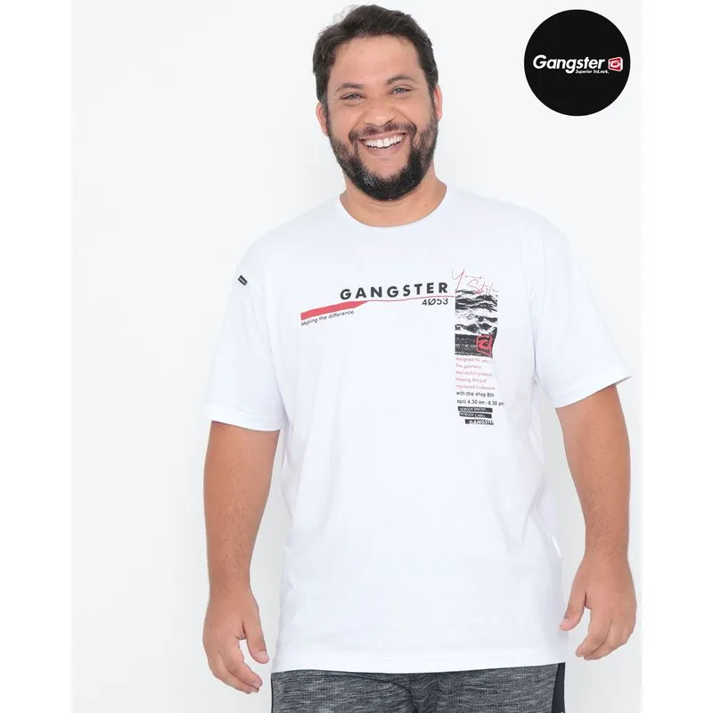 Camiseta Manga Curta Plus Size Gangster Estampa Branca G3
