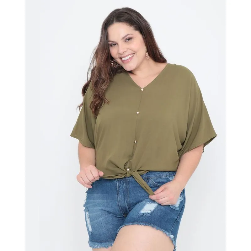 Blusa Plus Size Pérolas Amarração Verde G1