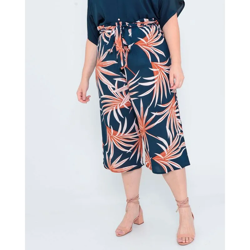 Calça Feminina Pantacourt Plus Size Floral Marinho G2