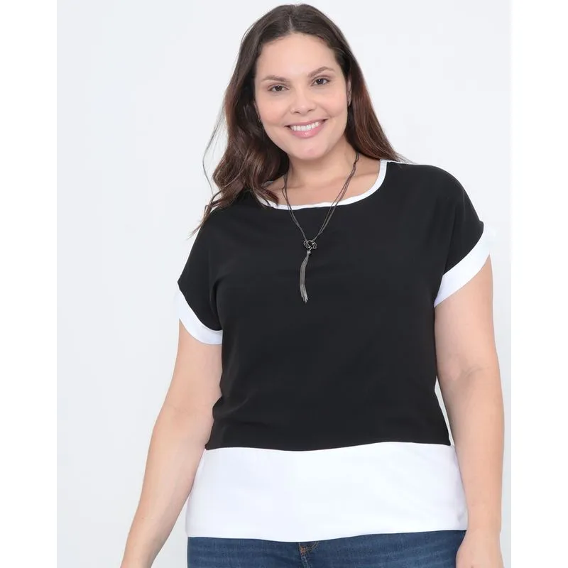 Blusa Plus Size Manga Curta Recorte Preta G3