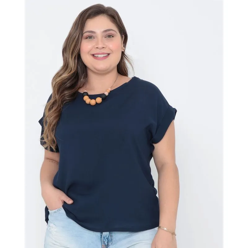 Blusa Plus Size Manga Dobrada Azul Marinho G1