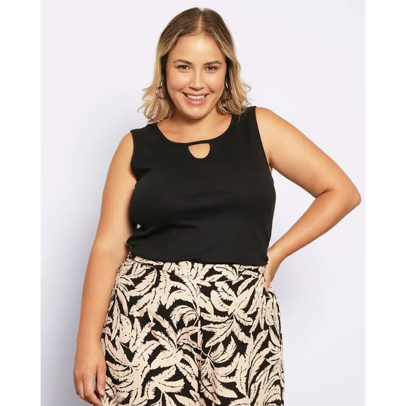 Regata Plus Size Feminina Decote Gota Canelada Preta G1