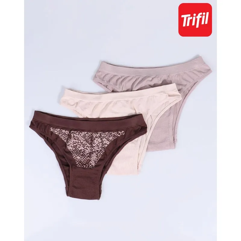 Kit 3 Calcinhas Trifil Biquíni Marrom Nude Bege GG