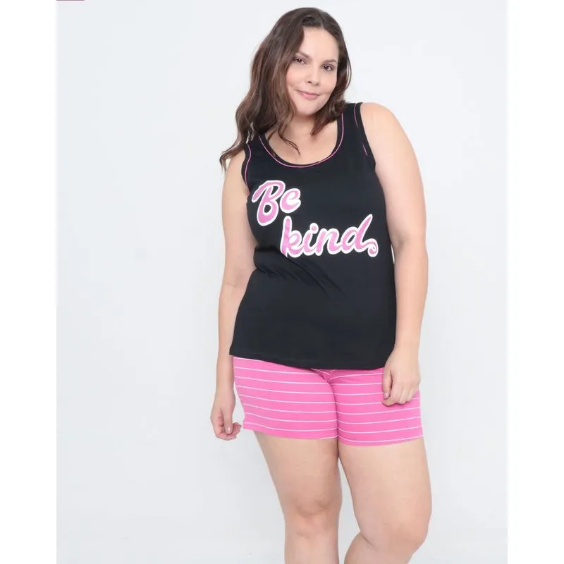 Pijama Plus Size Short Doll Regata Listrado Preto 54