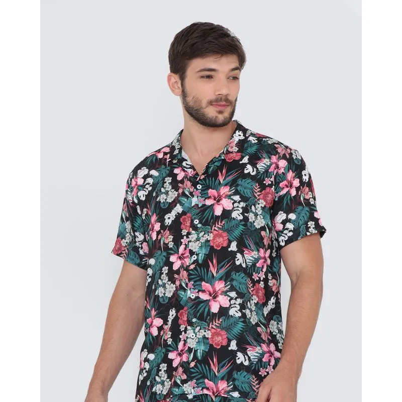 Camisa Masculina Floral Mickey Mouse Disney Preta GG