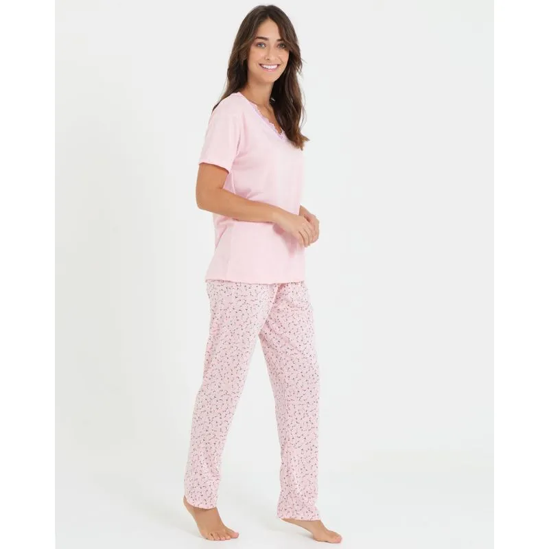 Pijama Feminino Manga Curta Renda Rosa GG