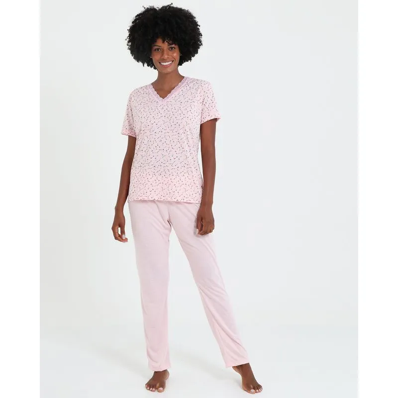Pijama Feminino Manga Curta Floral Rosa G