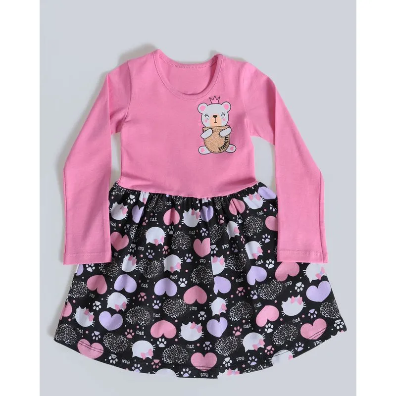 Vestido Bebê Manga Longa Gatos Rosa 1