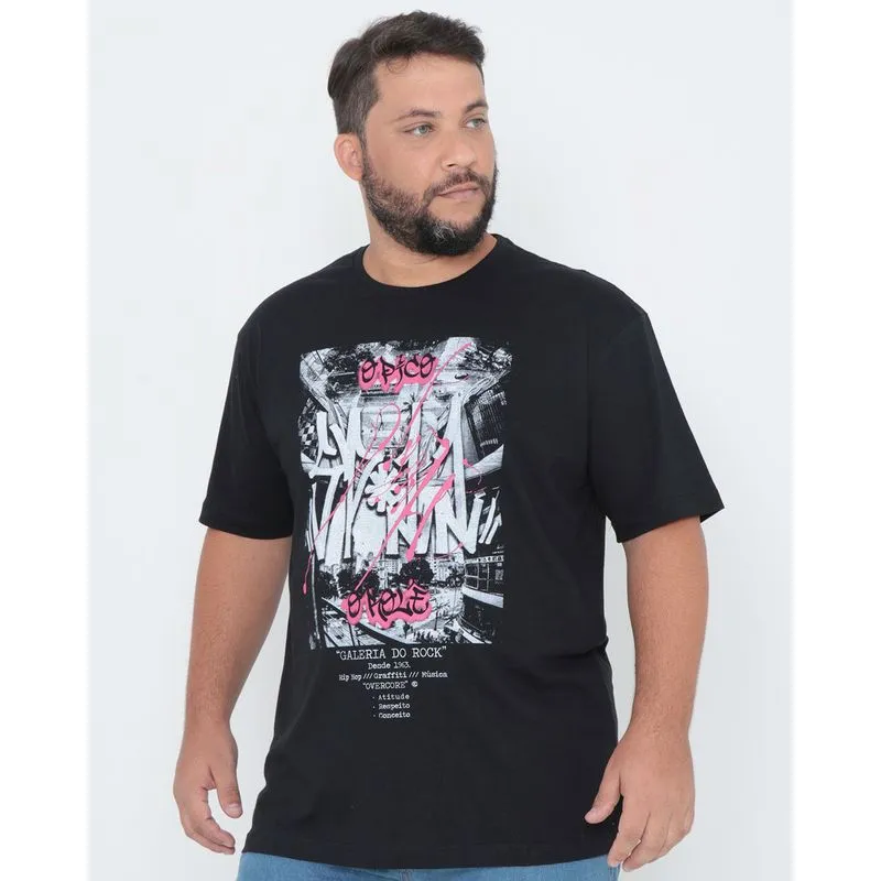 Camiseta Plus Size Manga Curta Estampa Grafite Preta G1
