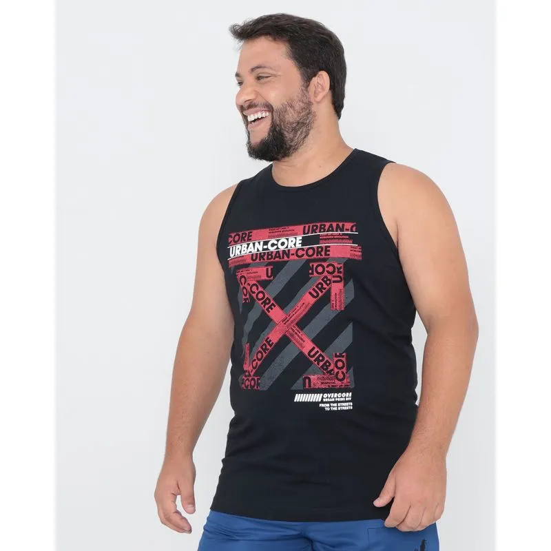 Regata Masculina Plus Size Estampa Escrita Preta G3