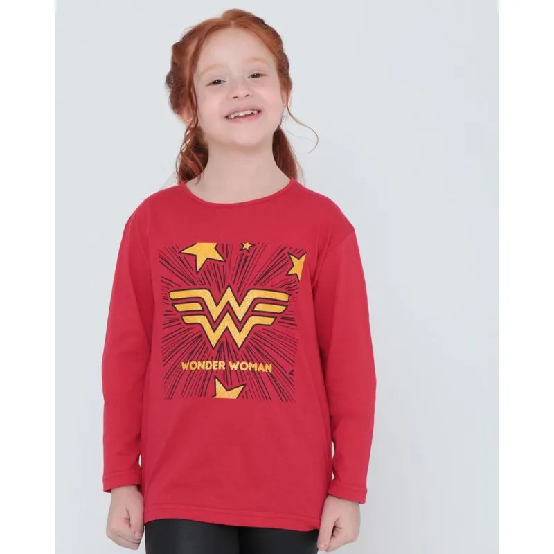 Blusa Infantil Manga Longa Mulher Maravilha Vermelha 10