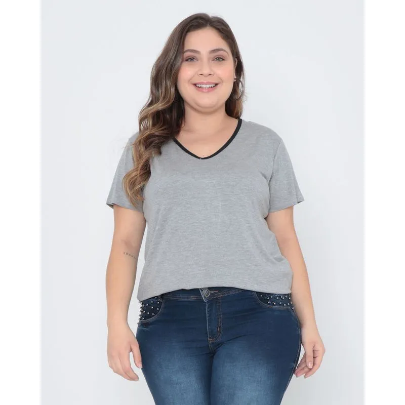 Blusa Básica Plus Size Com Viés Cinza G1