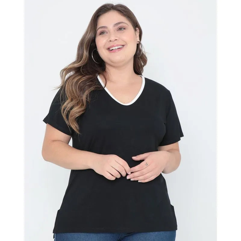 Blusa Plus Size Manga Curta Viés Preta G3