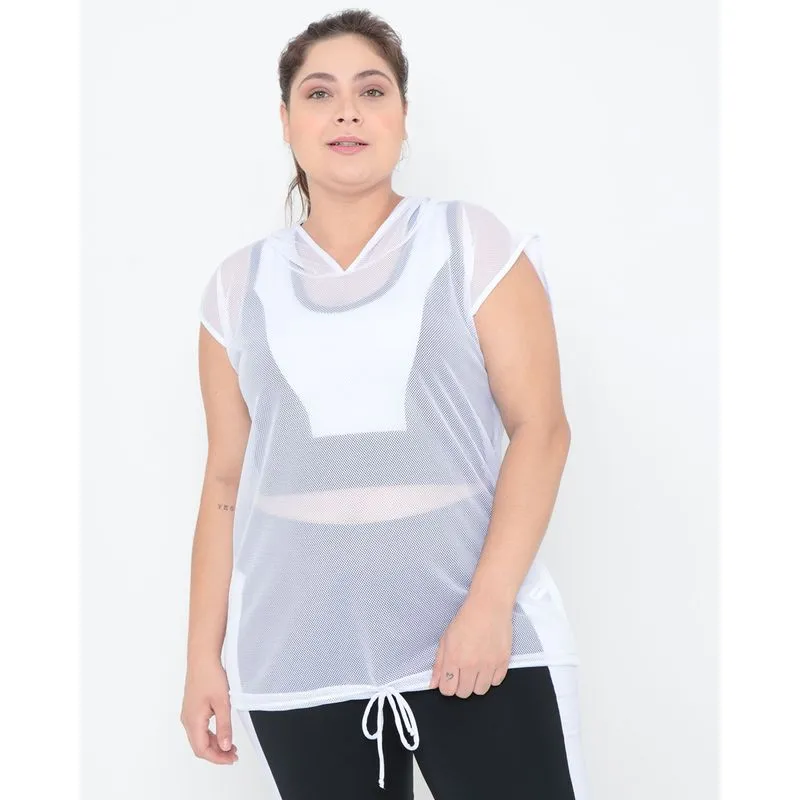 Regata Feminina Plus Size Fitness Tela Com Capuz Branca G1
