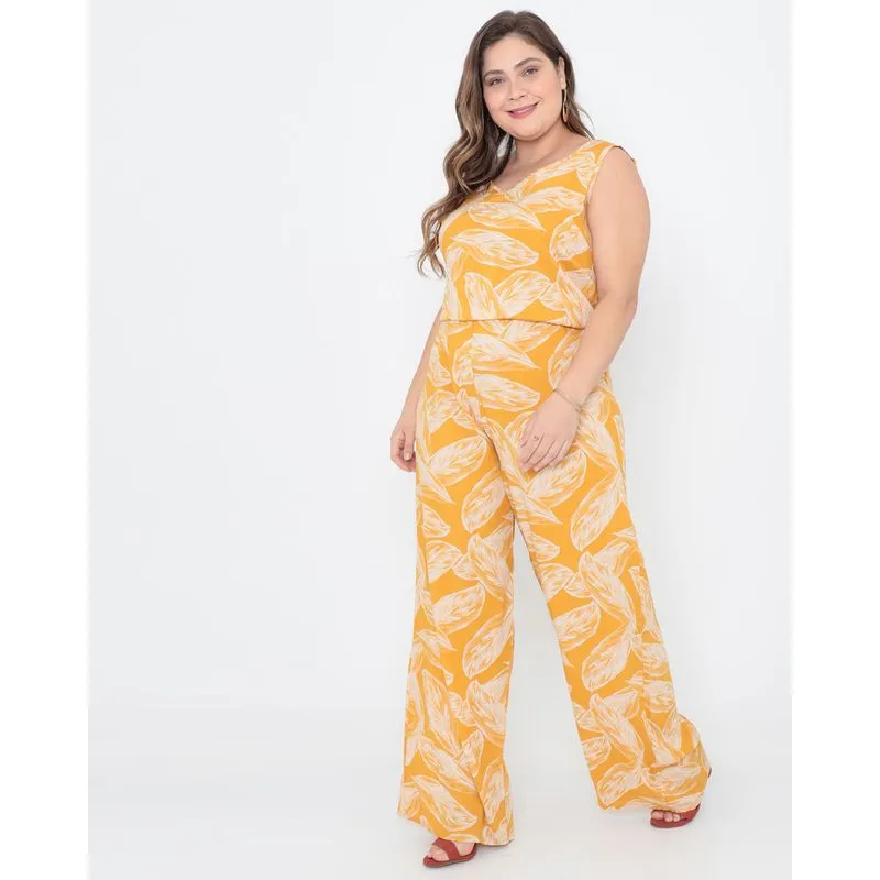 Macacão Plus Size Regata Estampa Floral Amarelo G3