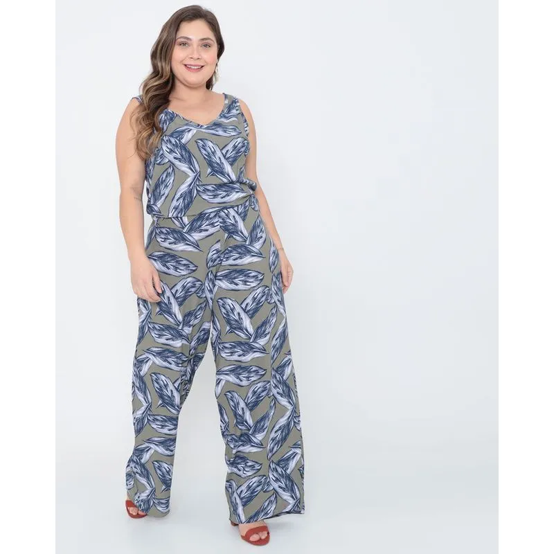 Macacão Plus Size Floral Verde G1