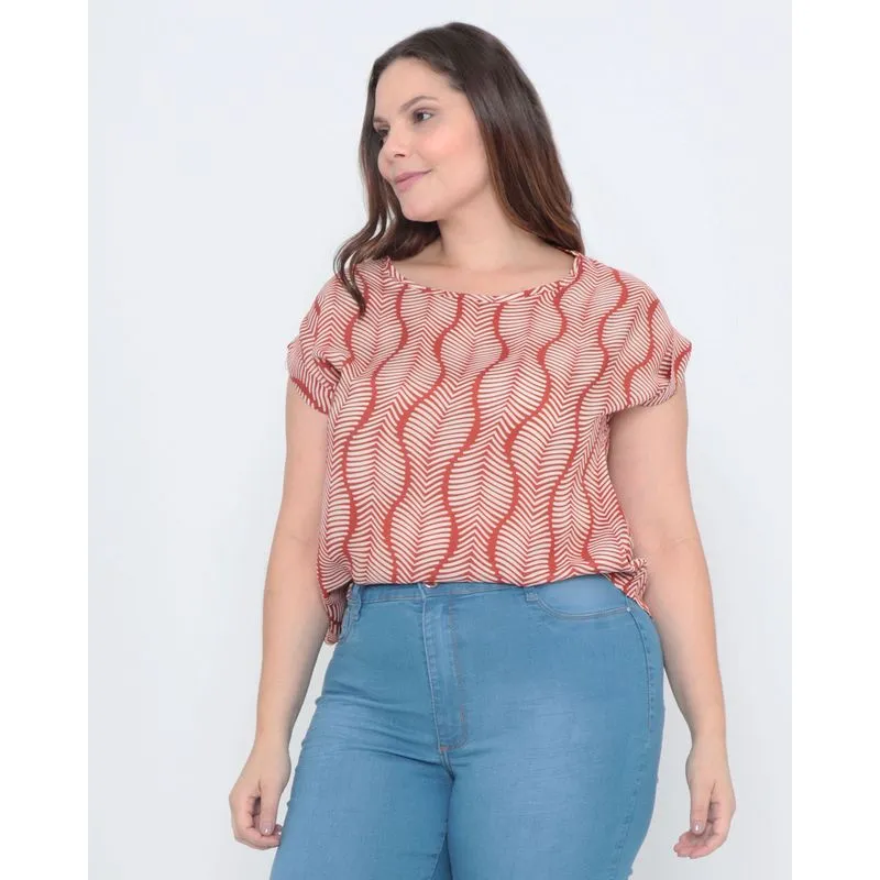 Blusa Plus Size Manga Curta Estampada Terracota G1