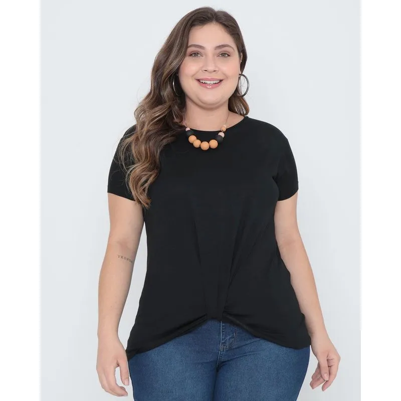 Blusa Plus Size Manga Curta Lisa Com Barra Torcida Preta G1