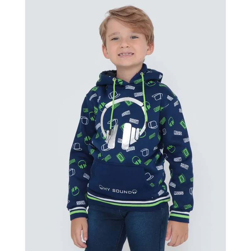 Blusão Infantil Moletom Capuz Estampado Azul Marinho 8