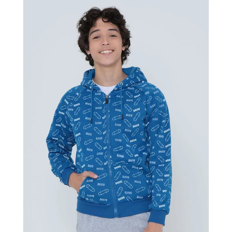 Blusão Moletom Juvenil Com Zíper e Estampa Skate Azul 10