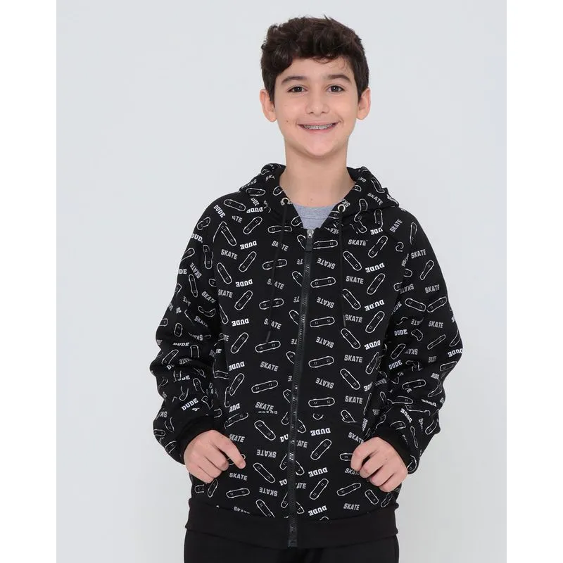 Blusão Moletom Juvenil Com Zíper e Estampa Skate Preto 14