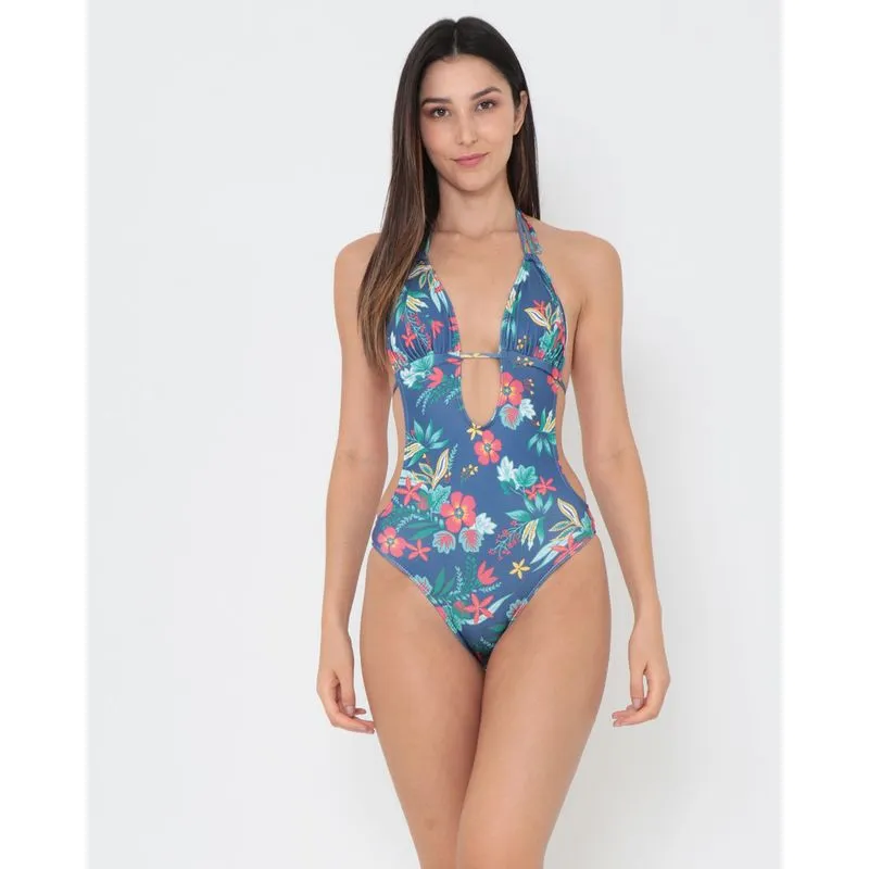 Maiô Engana Mamãe Frente Única Floral Azul GG