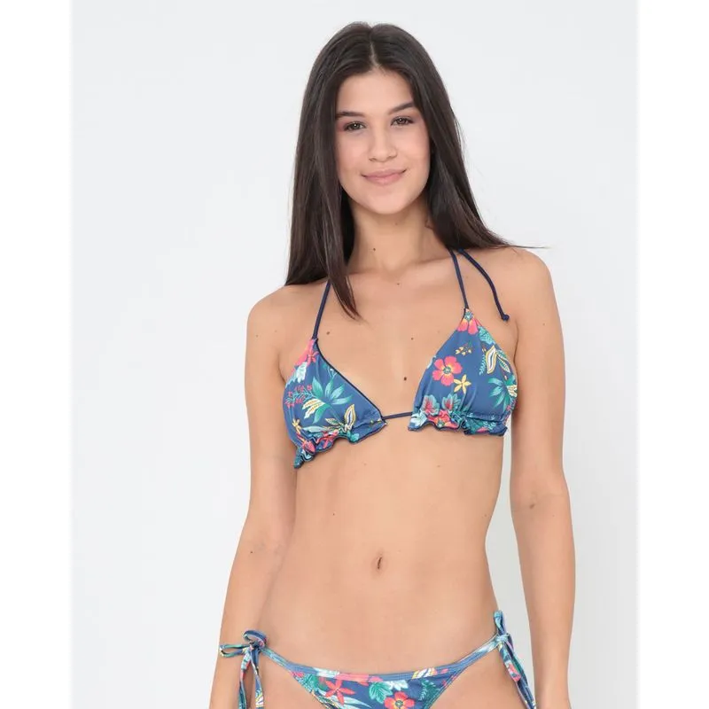 Biquíni Avulso Top Cortininha Dupla Face Floral Azul Escuro M