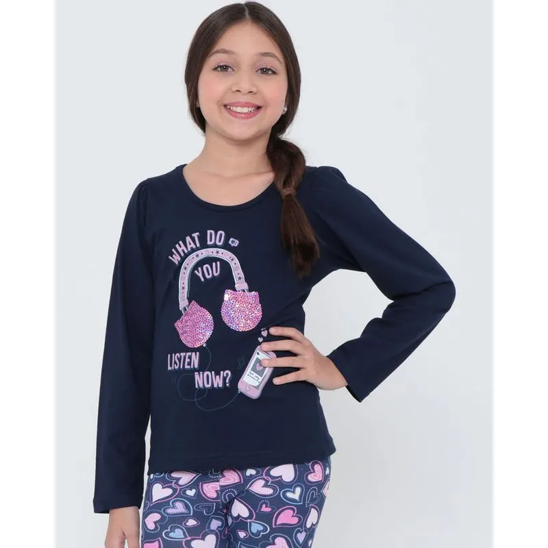 Blusa Infantil Manga Longa Paetês Azul Marinho 4