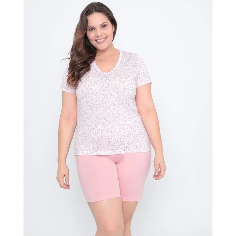 Pijama Plus Size Short Doll Floral Rosa Claro G1