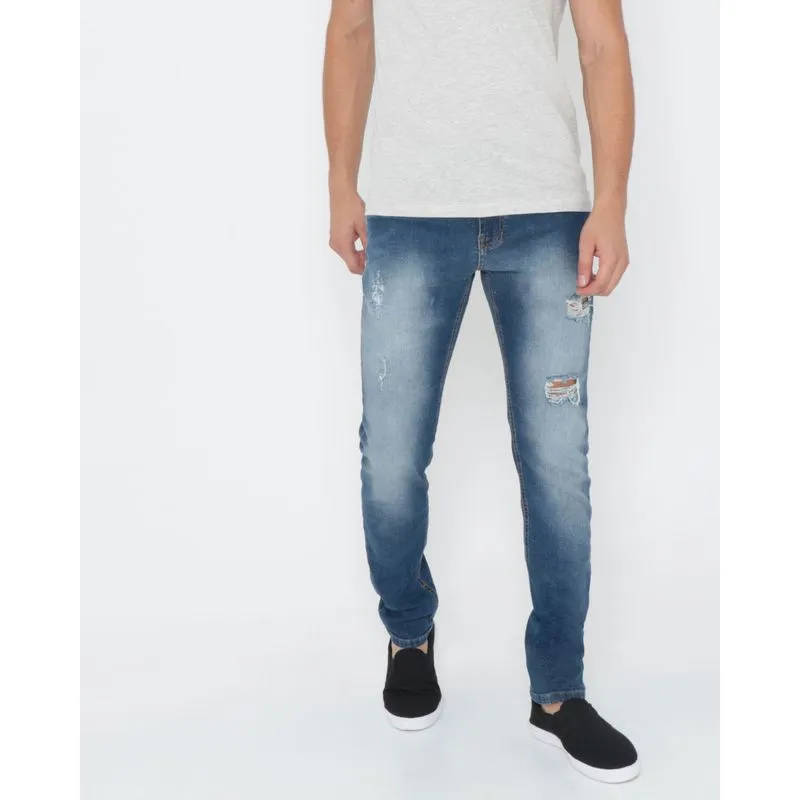 Calça Jeans Masculina Skinny Destroyed Bolso Azul 42